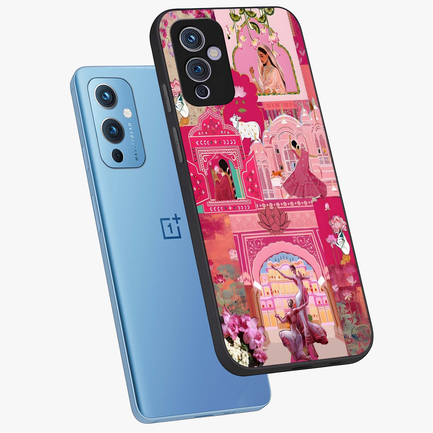 Blossoms of Rajasthan Glass Case displayed in angled mockup highlighting vibrant floral pattern with cultural aesthetic style.