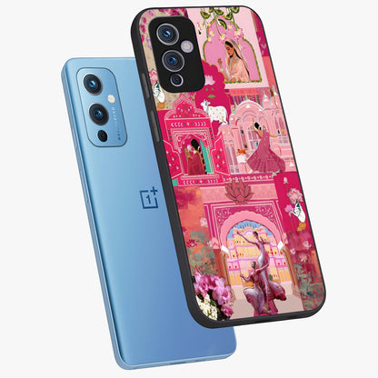 Blossoms of Rajasthan Glass Case displayed in angled mockup highlighting vibrant floral pattern with cultural aesthetic style.