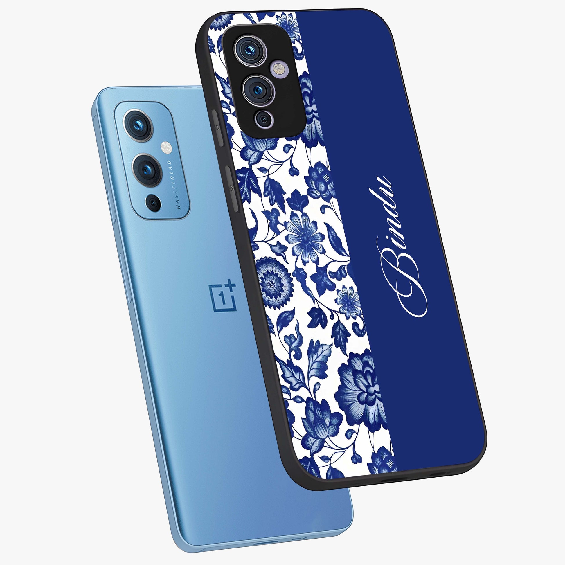 Blue Vintage Floral Pattern Glass Case displayed in angled mockup highlighting subtle bloom pattern with aesthetic pastel design.