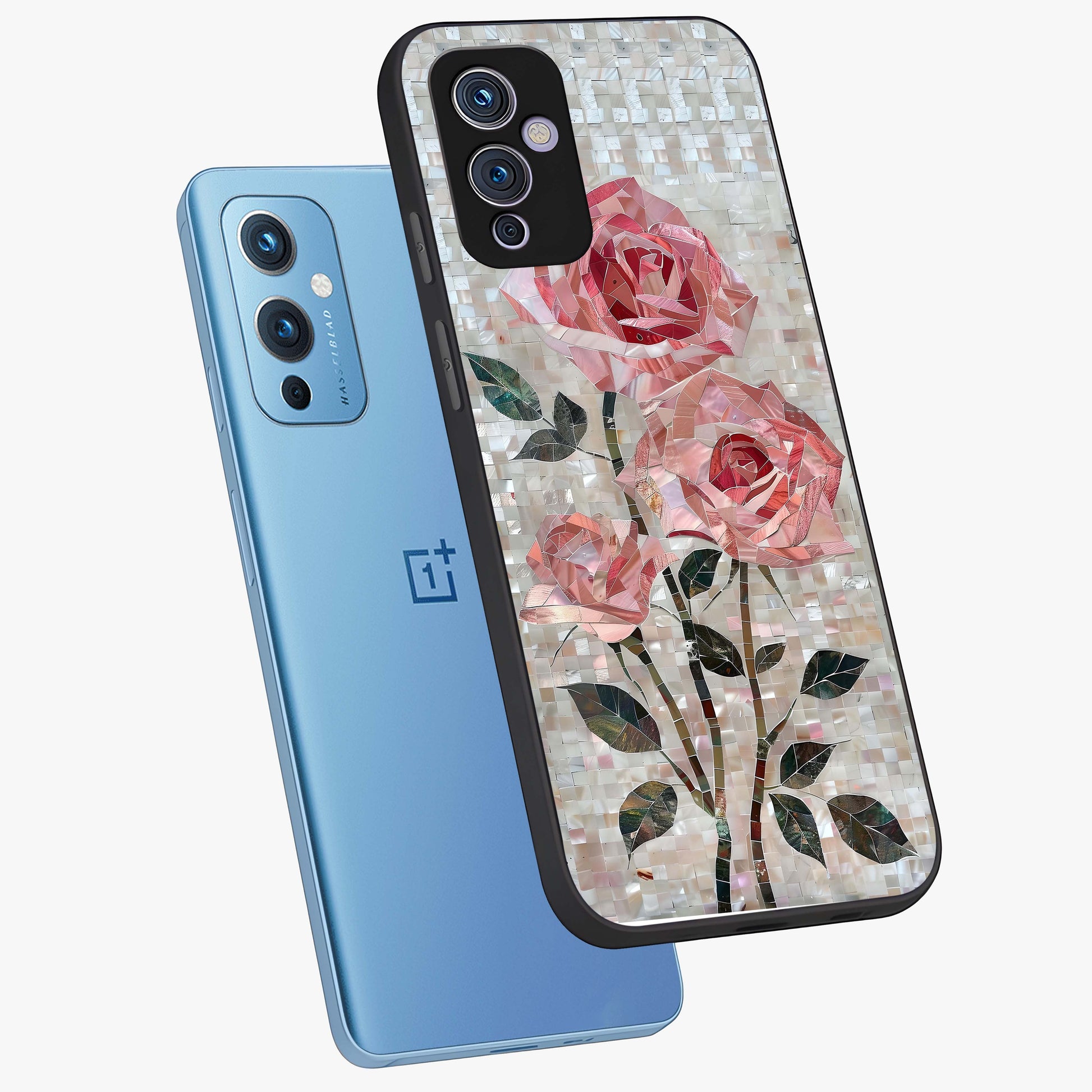 Blush Mosaic Bloom Glass Case displayed in angled mockup highlighting artistic mosaic flower pattern with aesthetic design.