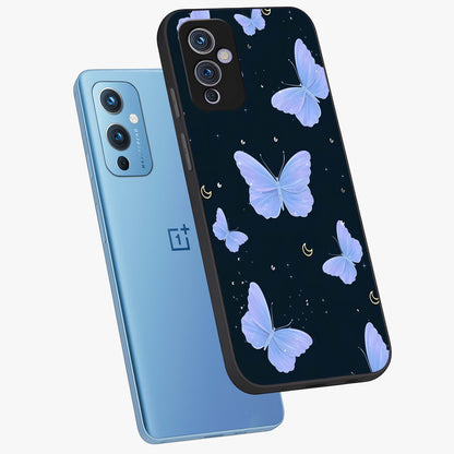 Butterfly With Stars Pattern Glass Case displayed in angled mockup highlighting dreamy butterfly and star design with aesthetic theme.
