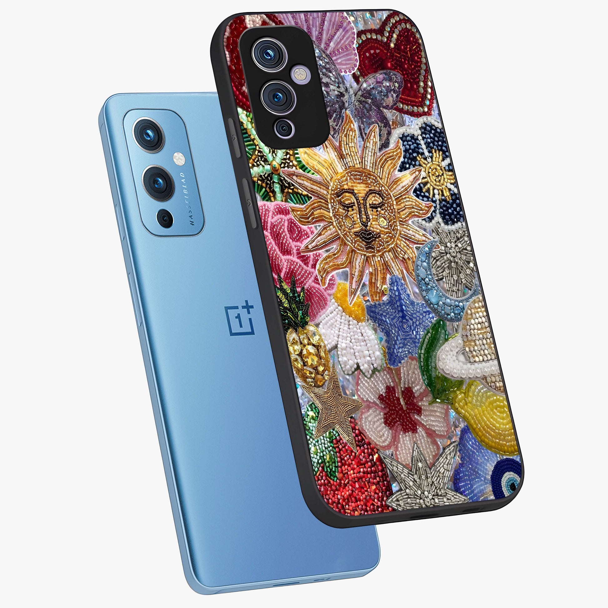 Celestial Floral and Playful Glass Case displayed in angled mockup highlighting playful floral design with dreamy celestial elements.