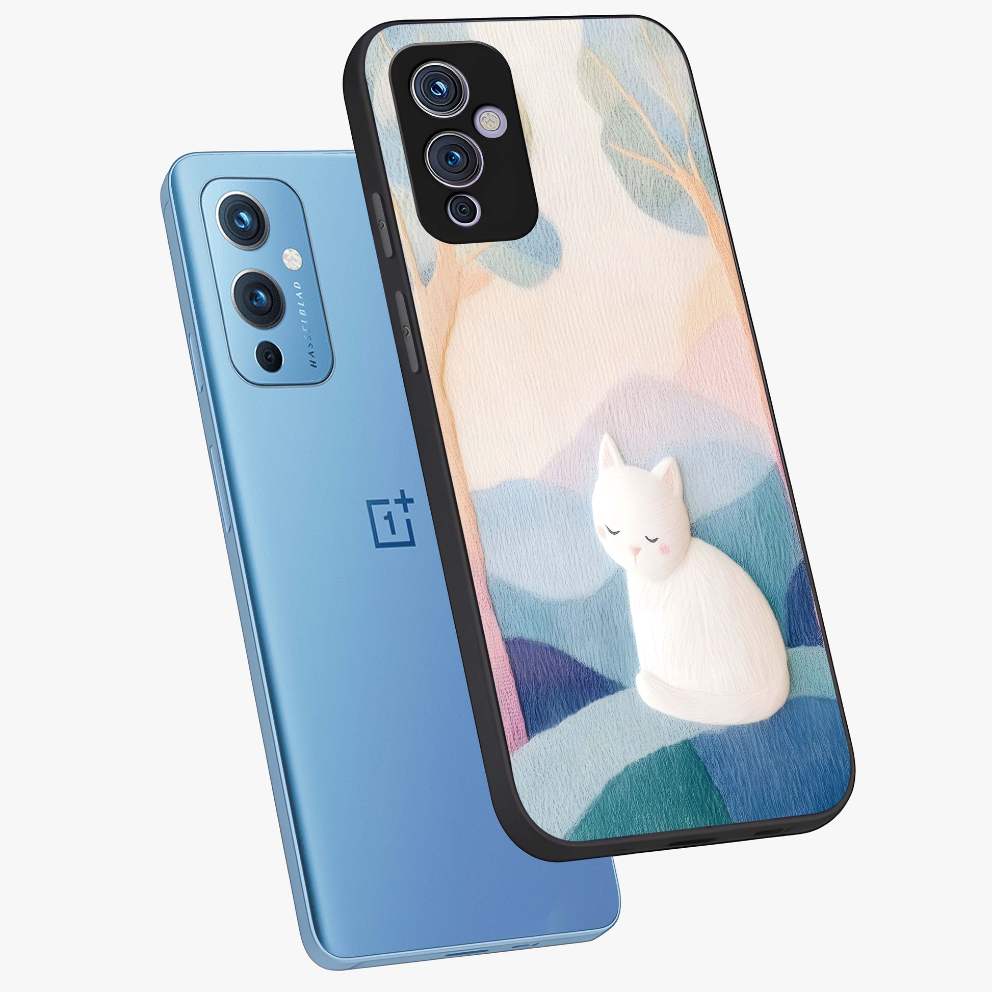 Cotton Dream Cat Glass Case displayed in angled mockup highlighting cute feline illustration with pastel aesthetic style.