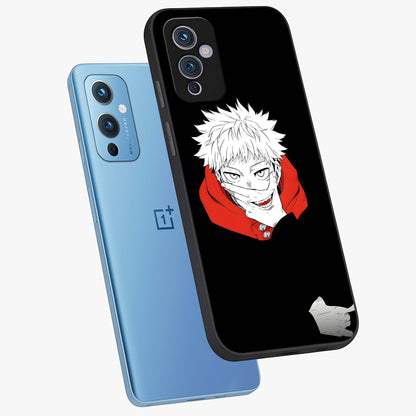 Crimson Chaos Smile Glass Case displayed in angled mockup highlighting edgy crimson smile design with graphic aesthetic.