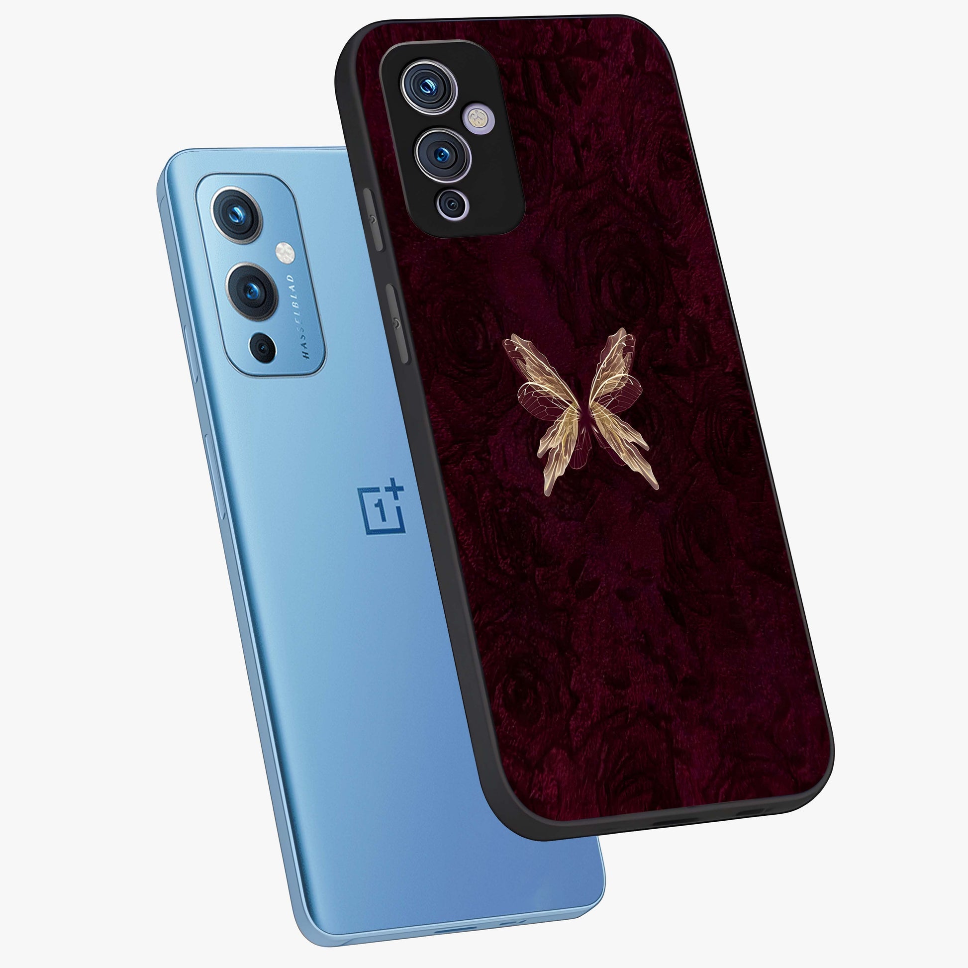 Crimson Fade Butterfly Glass Case displayed in angled mockup highlighting elegant butterfly design with crimson gradient aesthetic.