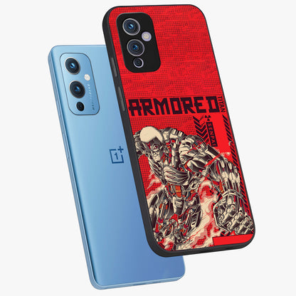 Crimson Mecha Titan Glass Case displayed in angled mockup highlighting futuristic mech illustration with bold crimson aesthetic.