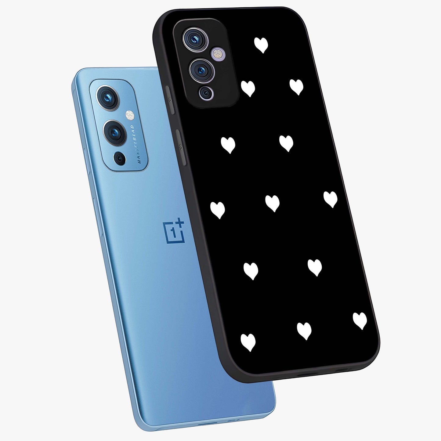 Cute And Simple White Hearts Glass Case displayed in angled mockup highlighting cute heart design with clean aesthetic style.