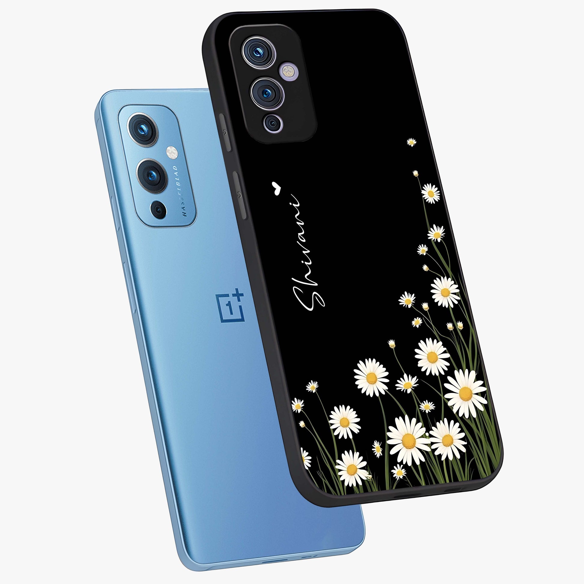 Daisy Cascade Custom Name Glass Case displayed in angled mockup highlighting delicate daisy artwork with custom name feature.