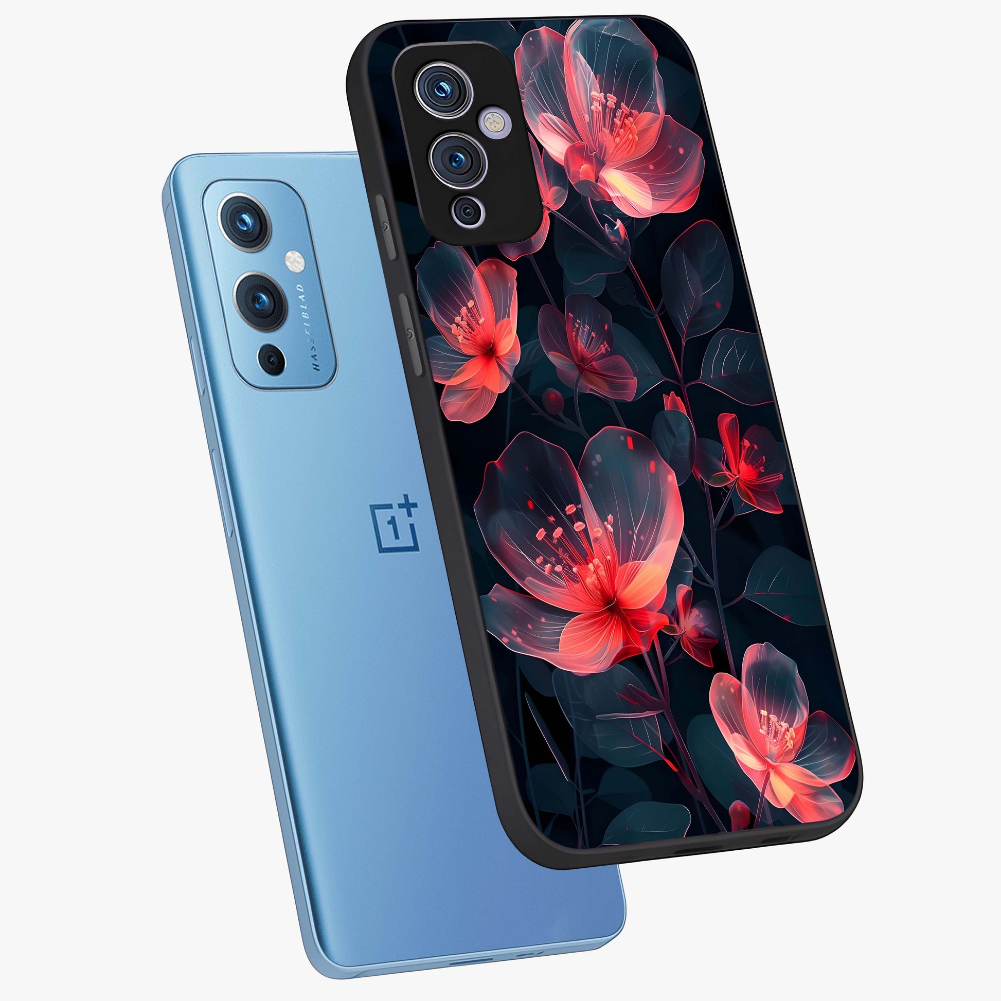Dark Shade of Flower Glass Case displayed in angled mockup highlighting moody floral illustration with aesthetic dark tones.