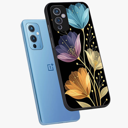 Delicate Multicolor Flowers Glass Case displayed in angled mockup highlighting colorful flower pattern with soft aesthetic style.