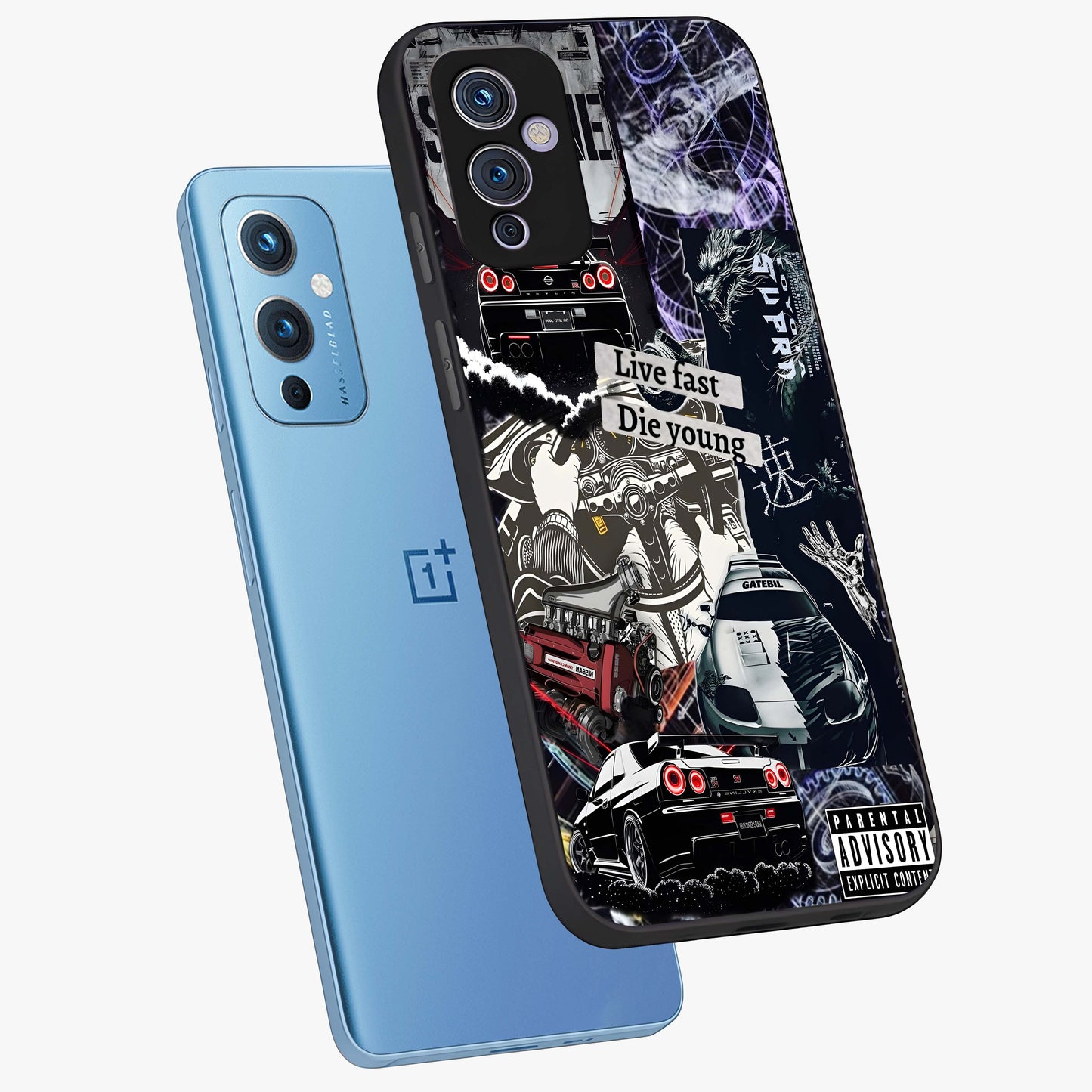 Die Young Glass Case displayed in angled mockup highlighting expressive graphic artwork with edgy aesthetic style.