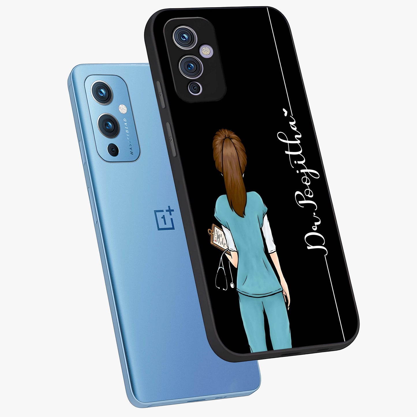 Doctor Pattern Custom Name Glass Case displayed in angled mockup highlighting doctor inspired artwork with custom name feature.
