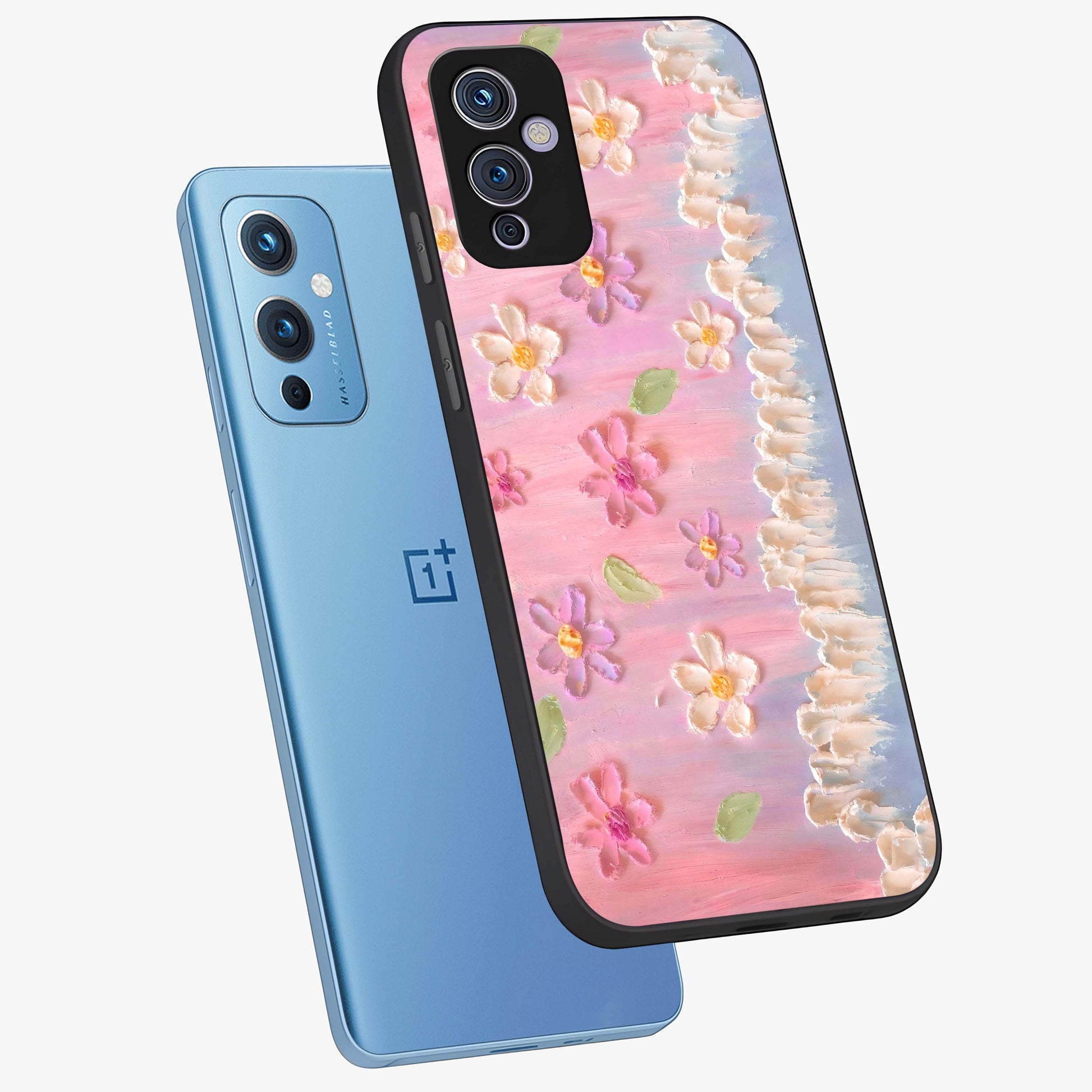 Dreamy Painted Garden Glass Case displayed in angled mockup highlighting colorful garden illustration with dreamy aesthetic style.