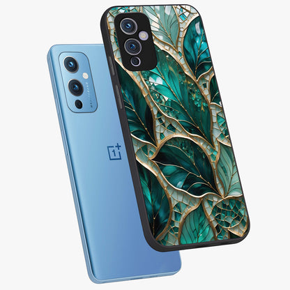 Emerald Leaf Glass Glass Case displayed in angled mockup highlighting botanical leaf illustration with elegant natural aesthetic.