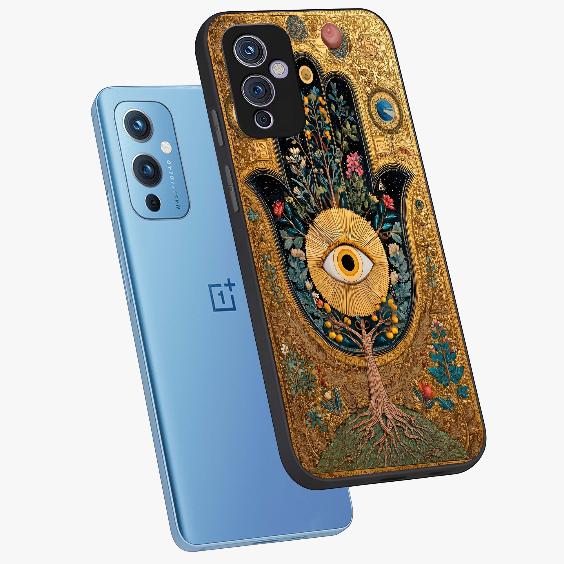 Ethereal Evil Eye Glass Case displayed in angled mockup highlighting protective evil eye symbol with spiritual aesthetic design.