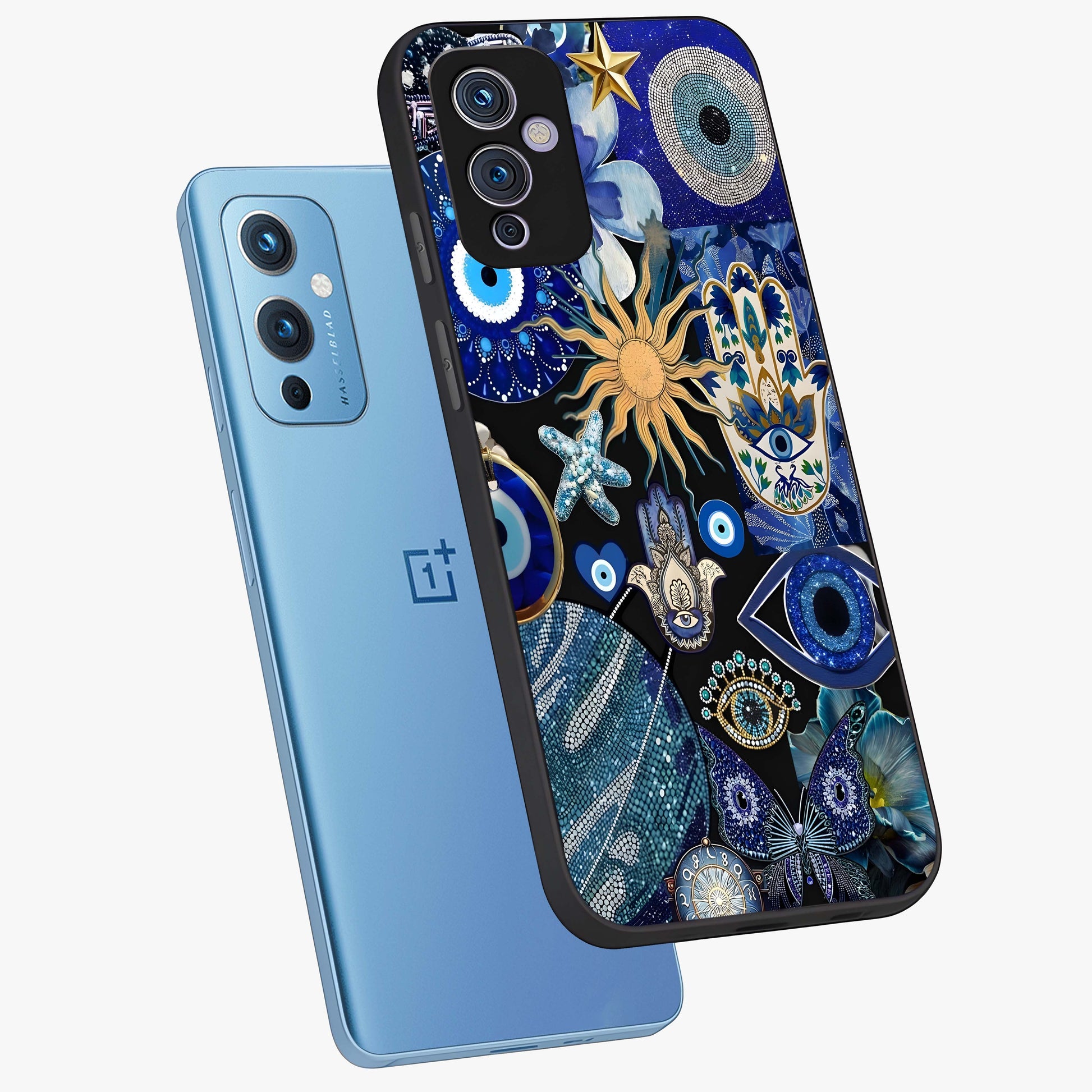Evil Eye Charm Mix Glass Case displayed in angled mockup highlighting protective evil eye symbols with spiritual aesthetic design.