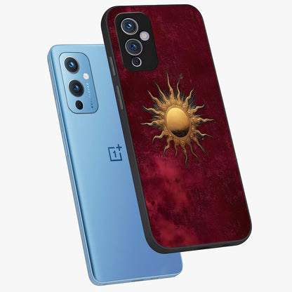 Golden Sun Minimalism Glass Case displayed in angled mockup highlighting clean sun symbol design with modern minimal aesthetic.
