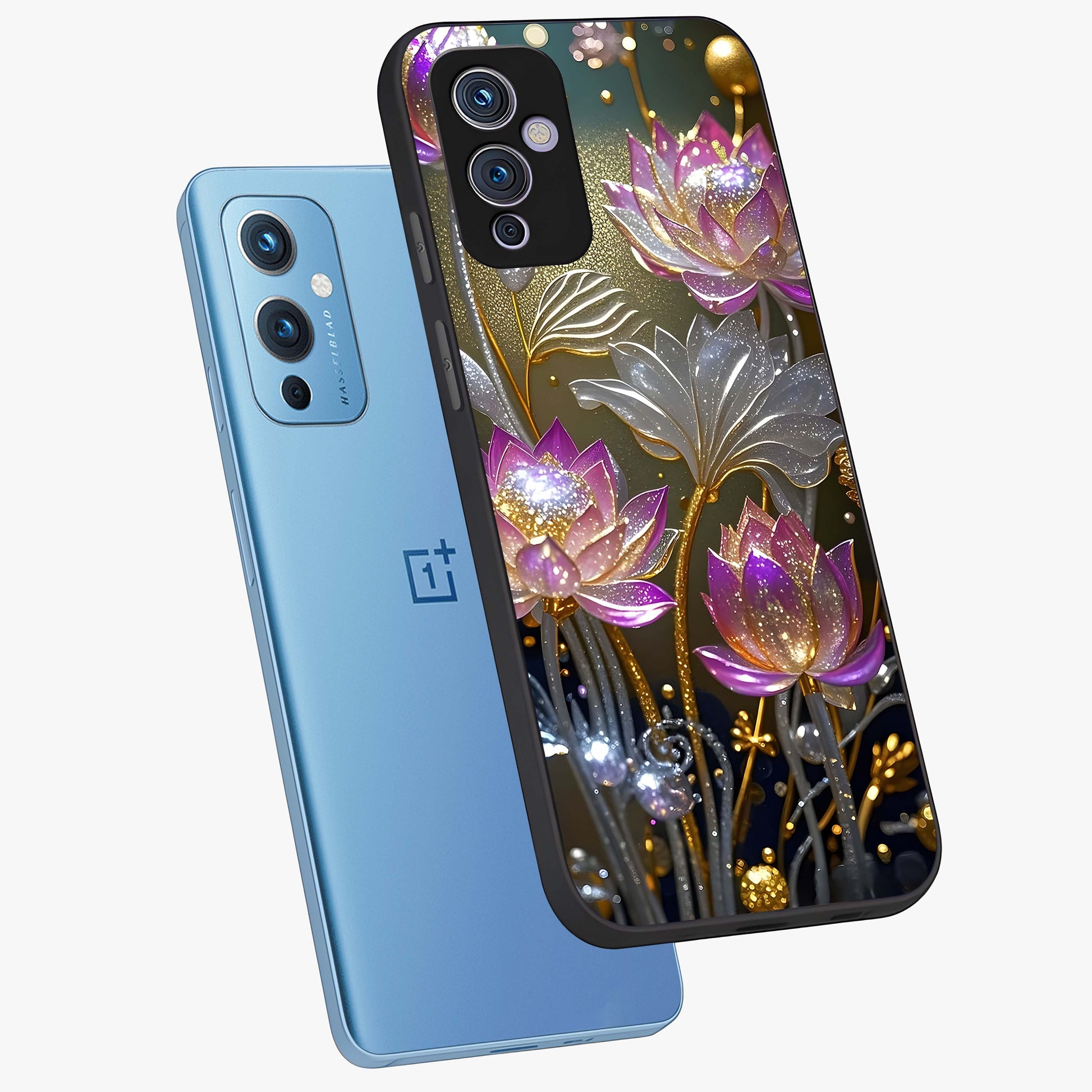 Golden Floral Majesty Glass Case displayed in angled mockup highlighting elegant flower design with royal golden aesthetic.
