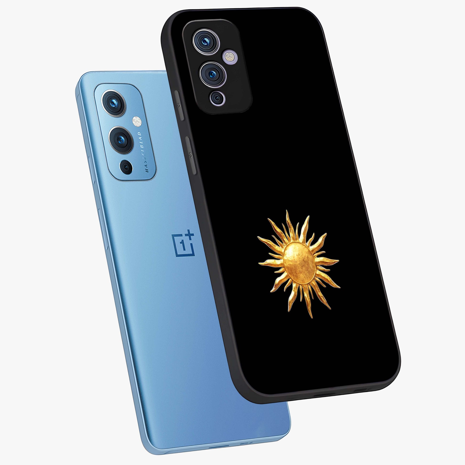 Golden Sun Minimalism Glass Case displayed in angled mockup highlighting eerie shadow illustration with gothic aesthetic.