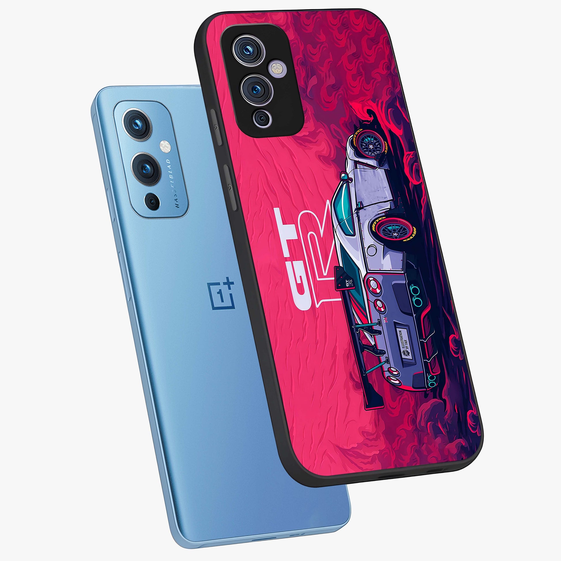 GT-R Car Pattern Glass Case displayed in angled mockup highlighting racing car graphic design with bold automotive aesthetic.