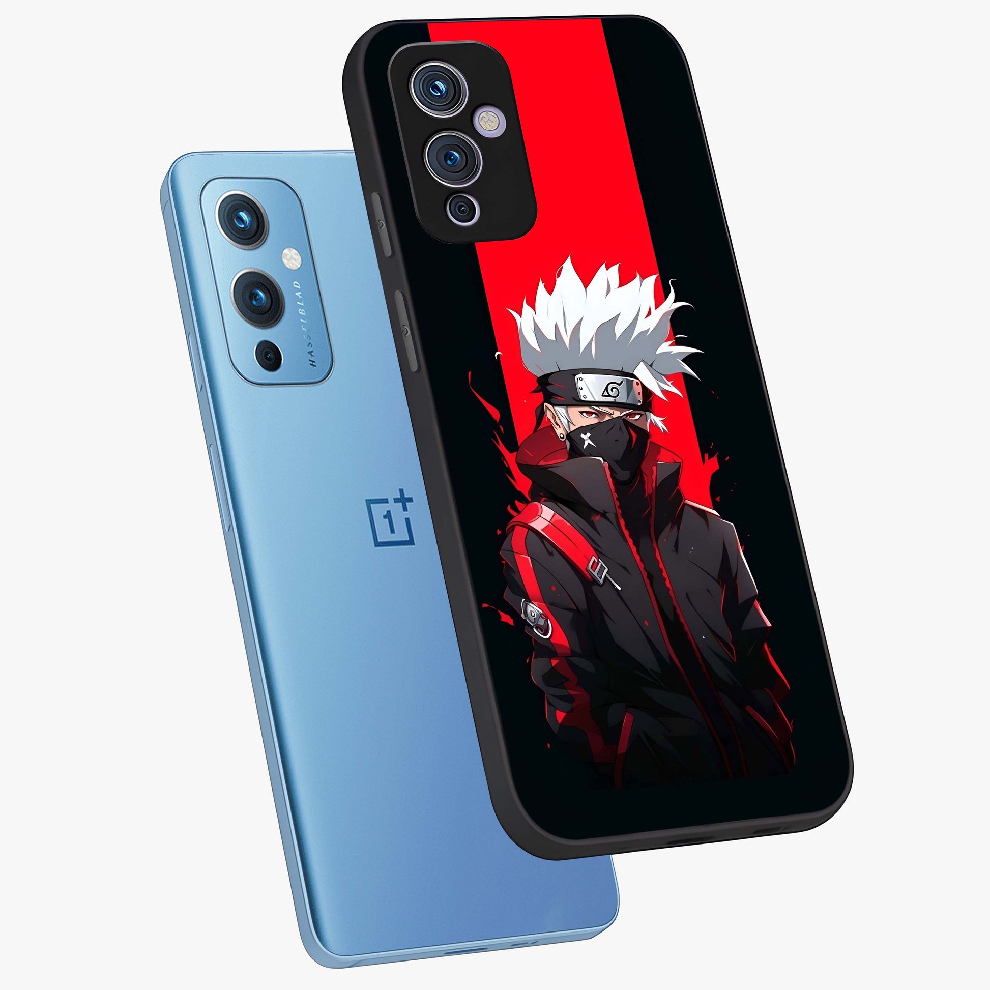 Kakashi Scarlet Shadow Glass Case displayed in angled mockup highlighting dramatic ninja illustration with scarlet themed aesthetic.