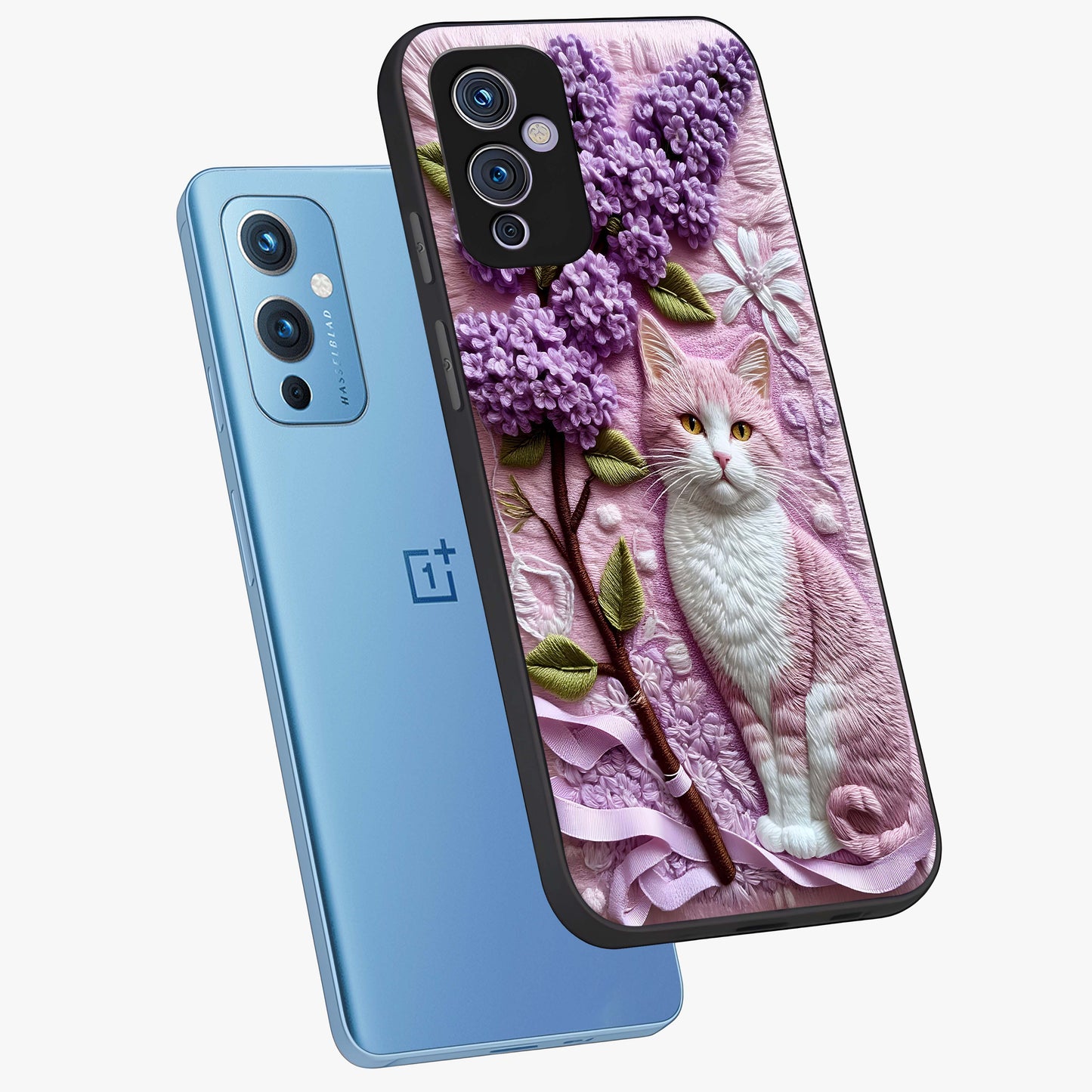 Lavender Cat Whimsy Glass Case displayed in angled mockup highlighting playful feline illustration with pastel lavender aesthetic.