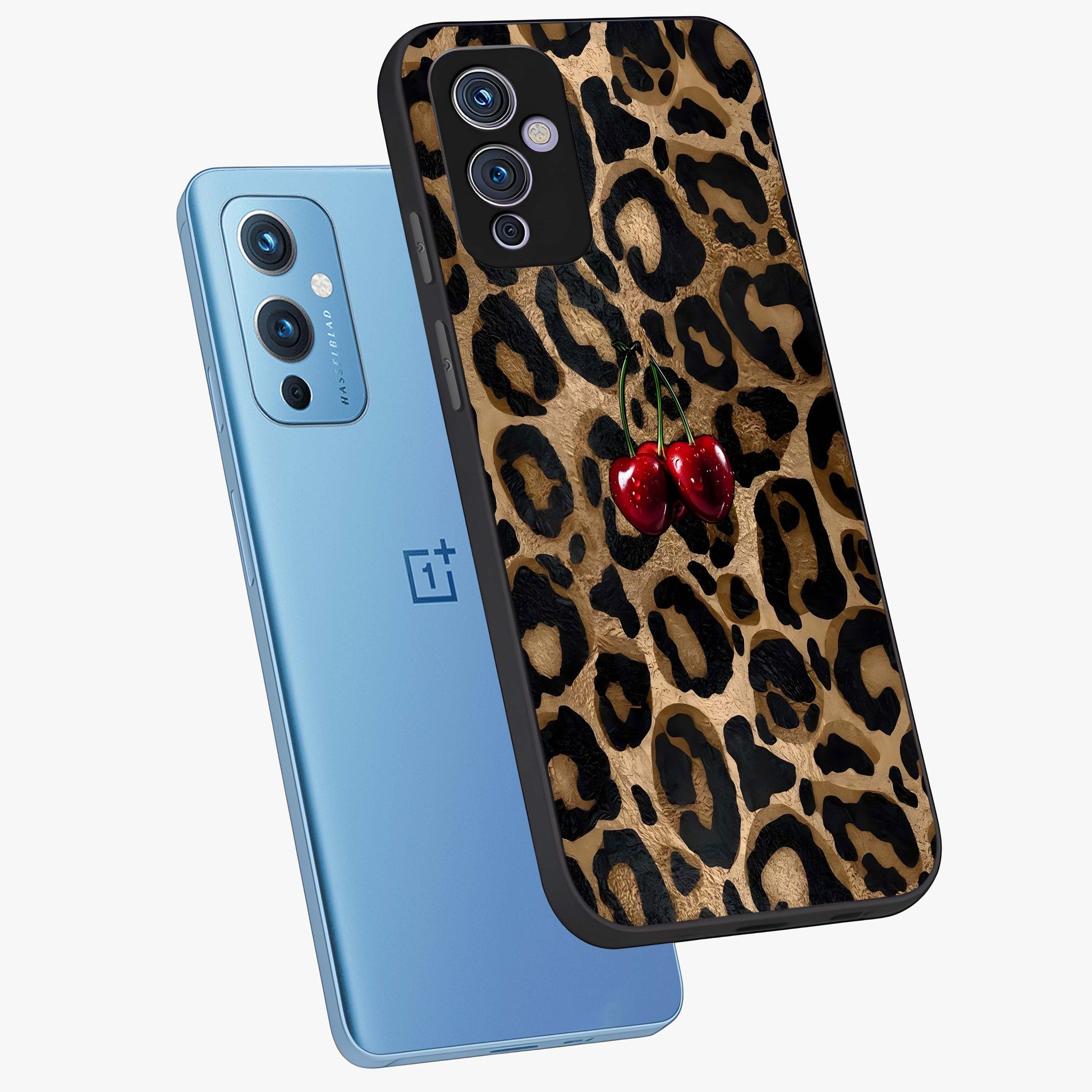 Leopard Wild Cherry Glass Case displayed in angled mockup highlighting bold animal print design with playful cherry aesthetic.