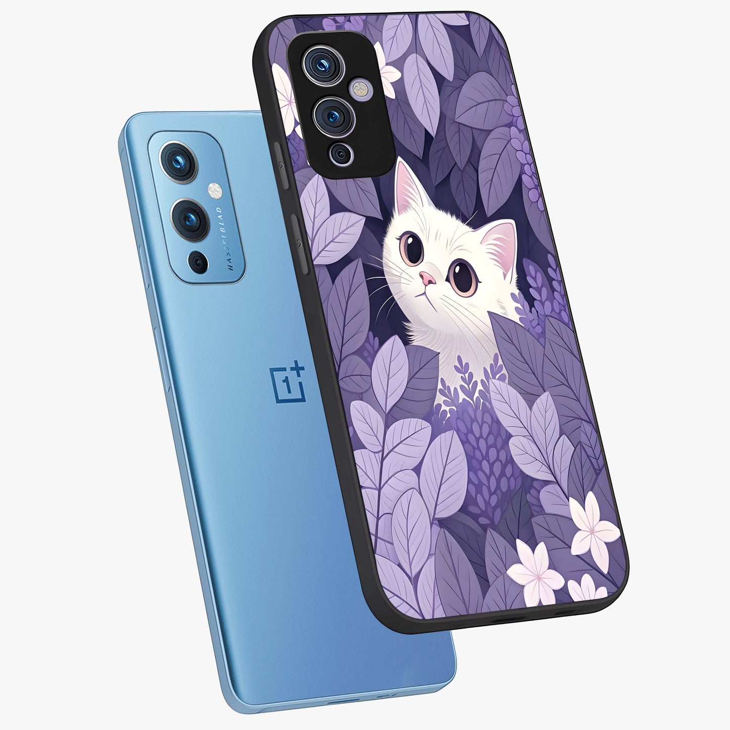 Lilac Hide Peek Cat Glass Case displayed in angled mockup highlighting playful feline illustration with lilac aesthetic design.