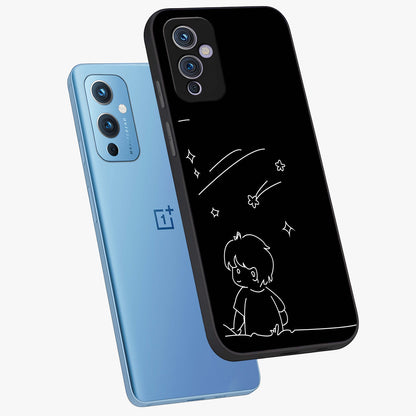 Line Art Boy With Shooting Stars Glass Case displayed in angled mockup highlighting elegant line art design with dreamy star aesthetic.