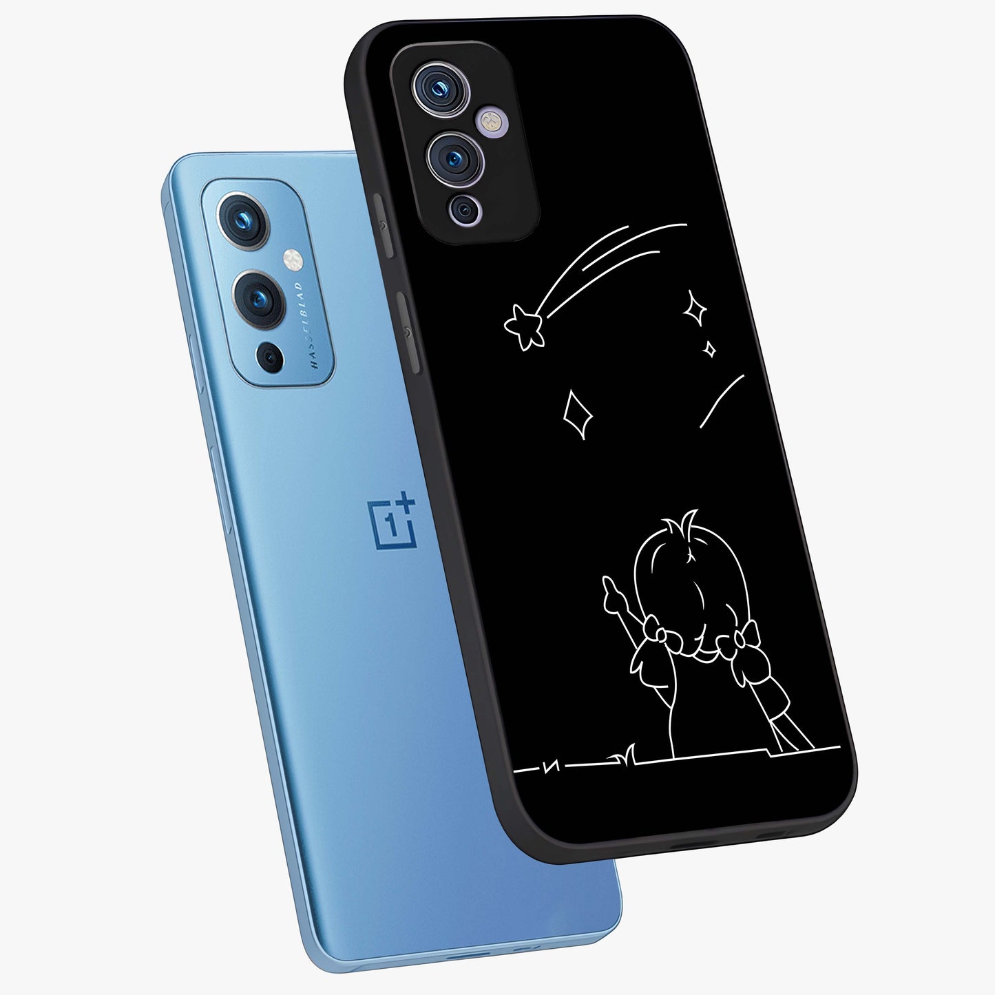 Line Art Girl With Shooting Stars Glass Case displayed in angled mockup highlighting elegant line art design with dreamy star aesthetic.