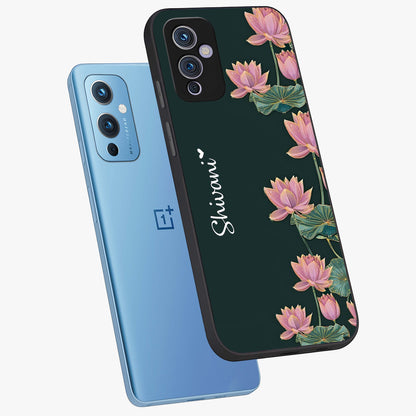 Lotus Bloom Serenity Custom Name Glass Case displayed in angled mockup highlighting graceful lotus illustration with custom name feature.