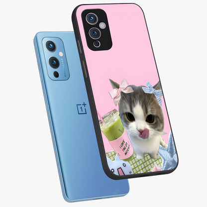 Love Matcha Cat Glass Case displayed in angled mockup highlighting playful feline illustration with cozy matcha aesthetic.