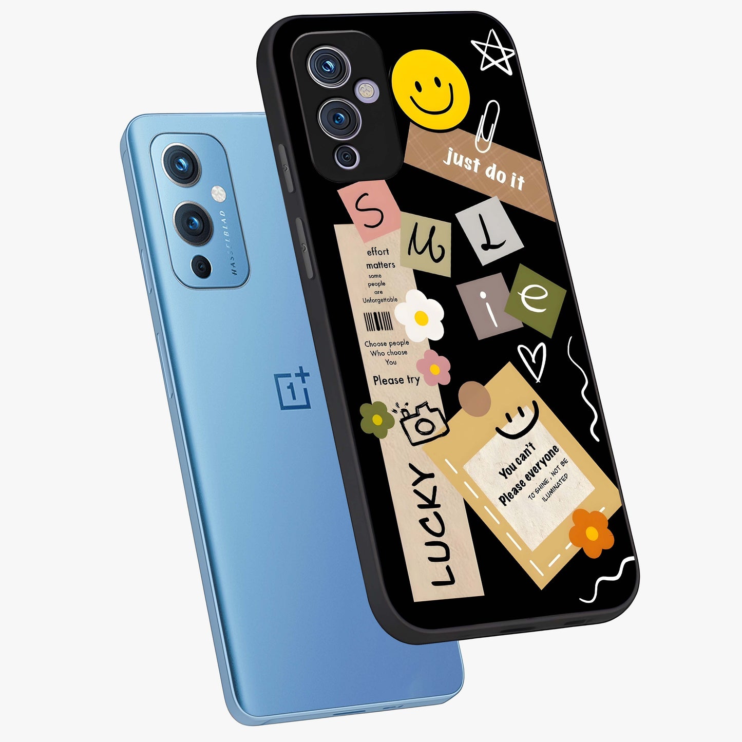 Lucky Aesthetic Collage Glass Case displayed in angled mockup highlighting stylish collage pattern with modern aesthetic vibe.