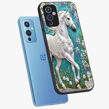 Majestic Floral Stallion Glass Case displayed in angled mockup highlighting majestic stallion illustration with elegant floral aesthetic.