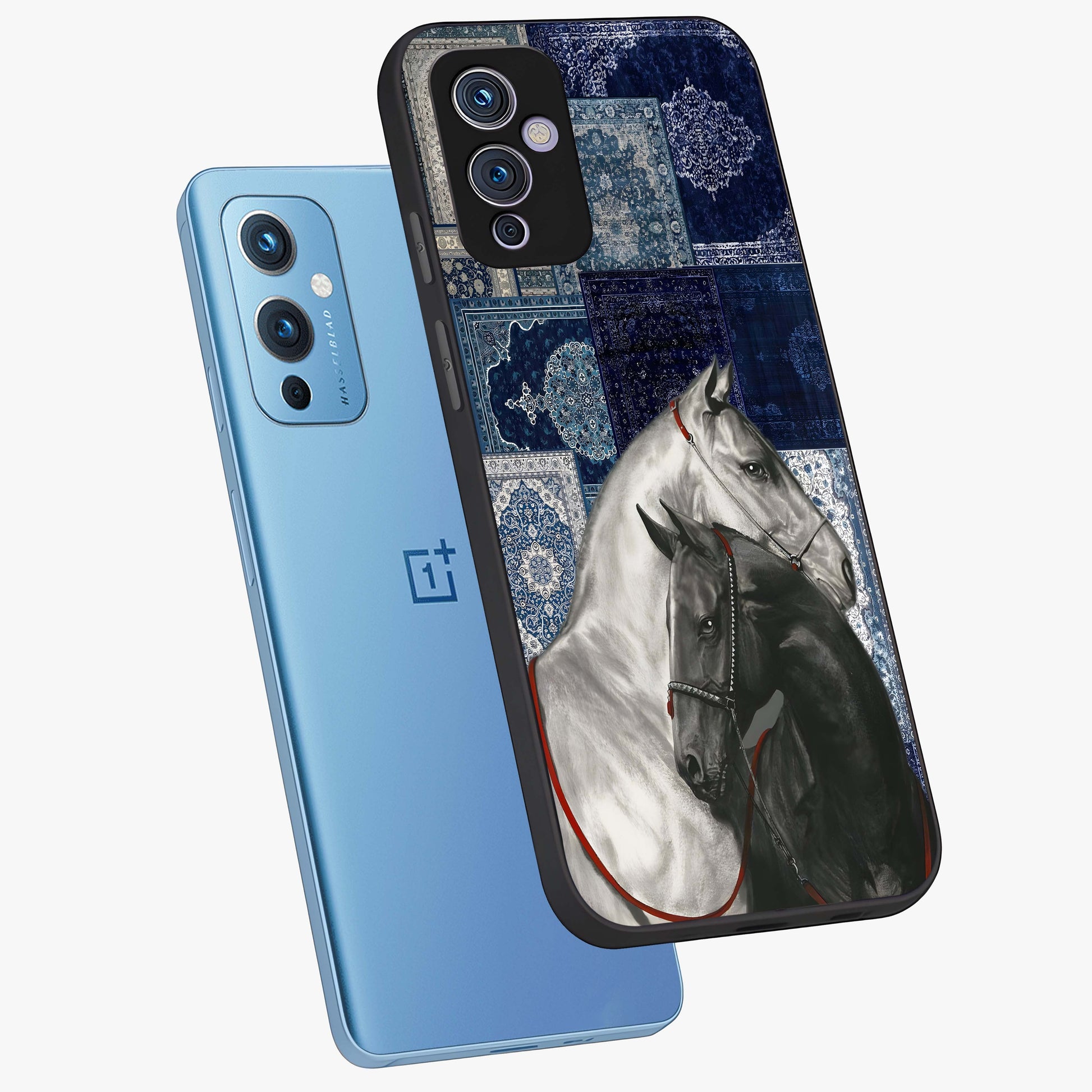 Midnight Stallion Blues Glass Case displayed in angled mockup highlighting powerful stallion illustration with deep midnight tones.