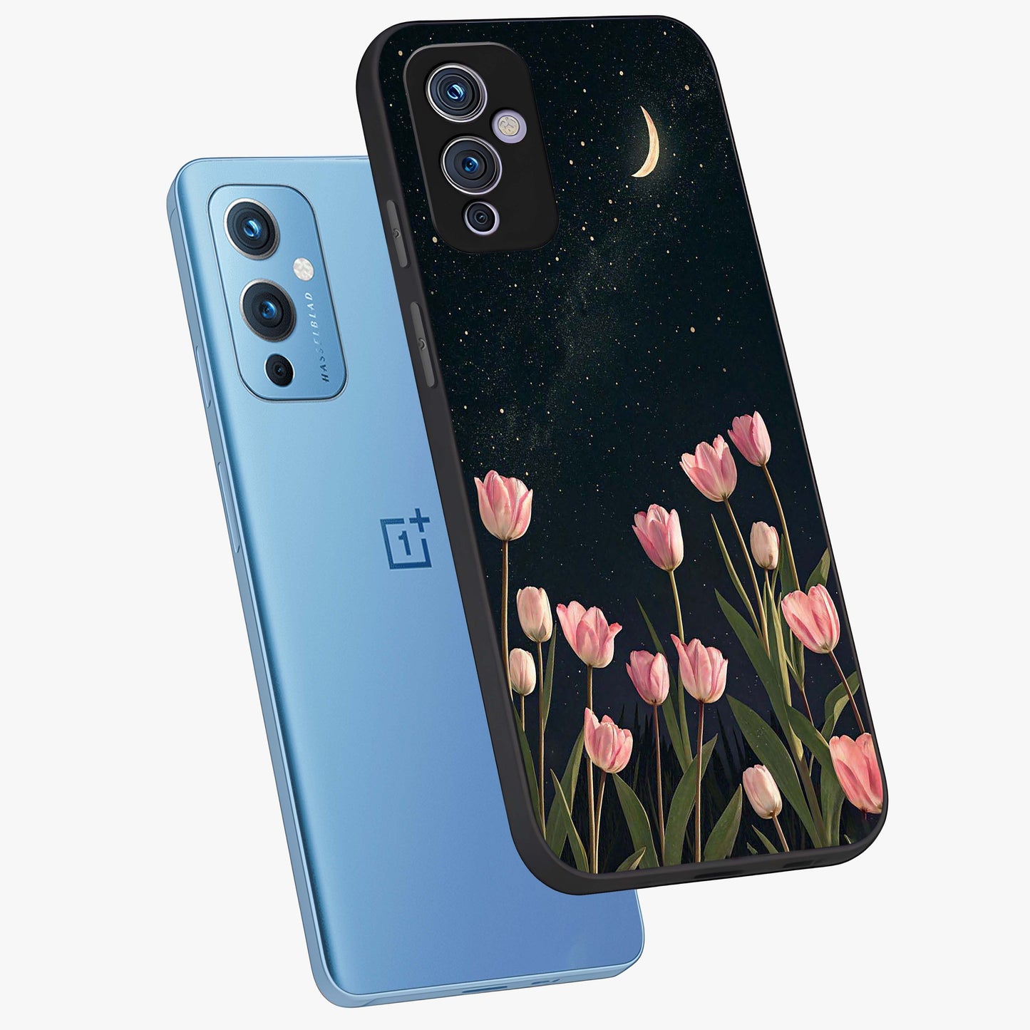 Midnight Tulip Whispers Vibe Glass Case displayed in angled mockup highlighting delicate tulip design with midnight floral aesthetic.