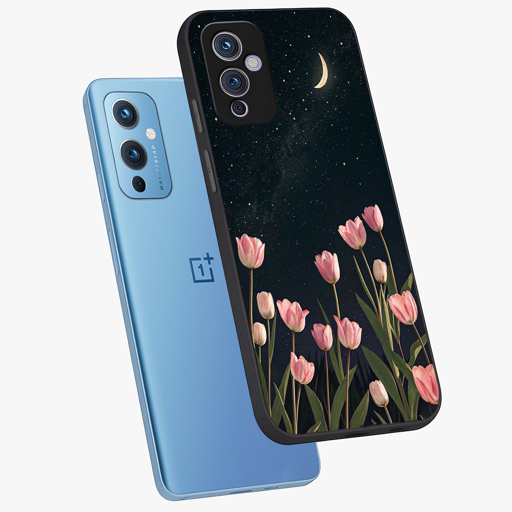 Midnight Tulip Whispers Vibe Glass Case displayed in angled mockup highlighting delicate tulip design with midnight floral aesthetic.