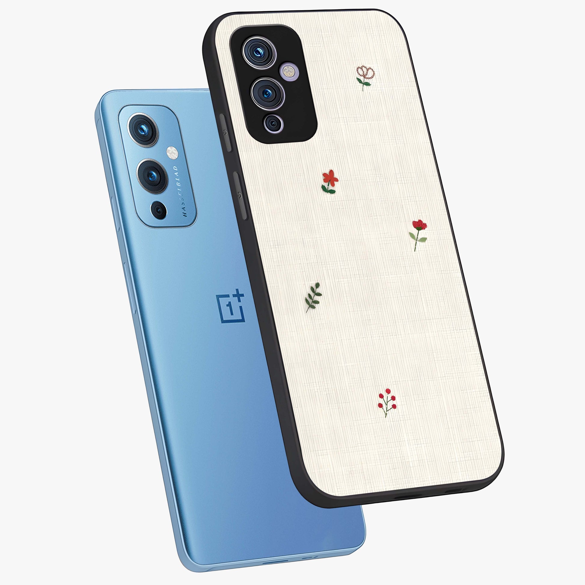 Minimalistic Blue With White Flower Pattern Glass Case displayed in angled mockup highlighting simple floral design with minimal aesthetic.