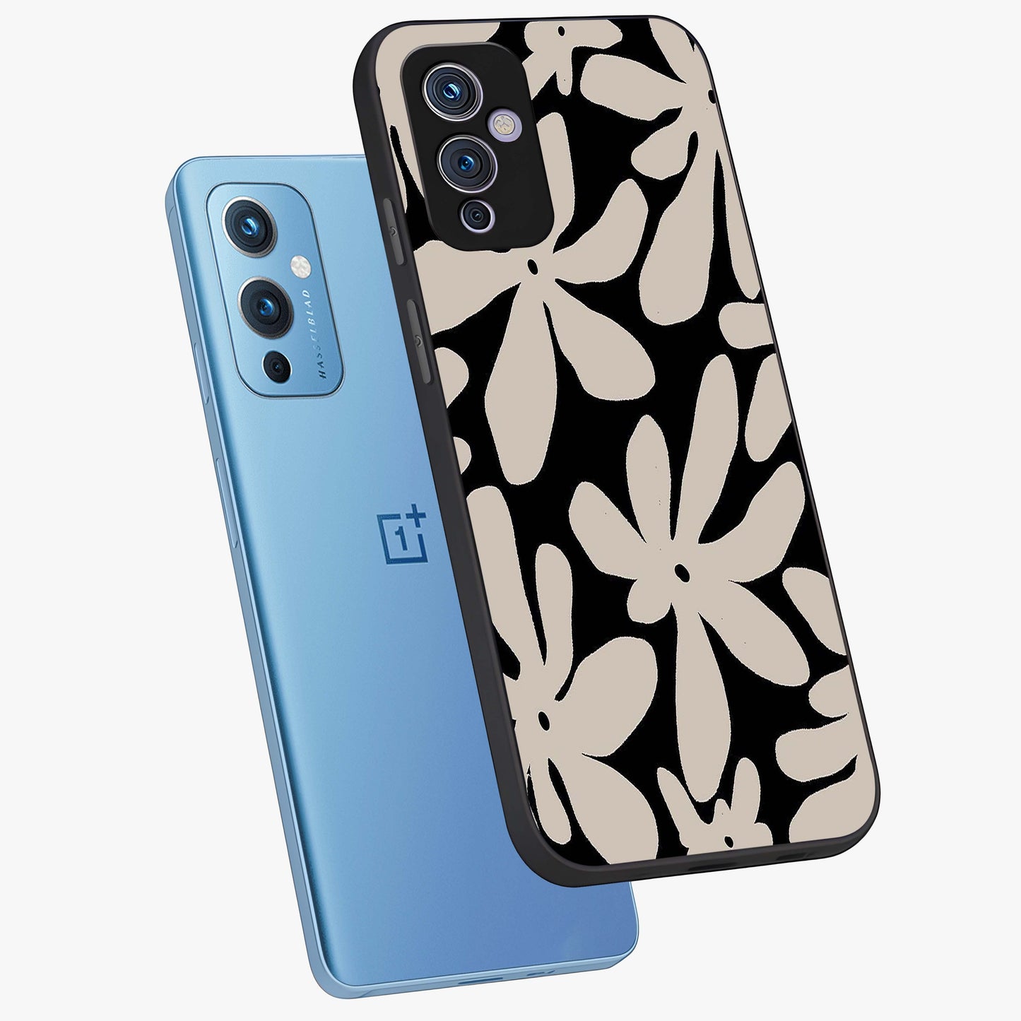 Monochrome Petal Dance Glass Case displayed in angled mockup highlighting elegant petal design with black and white aesthetic.