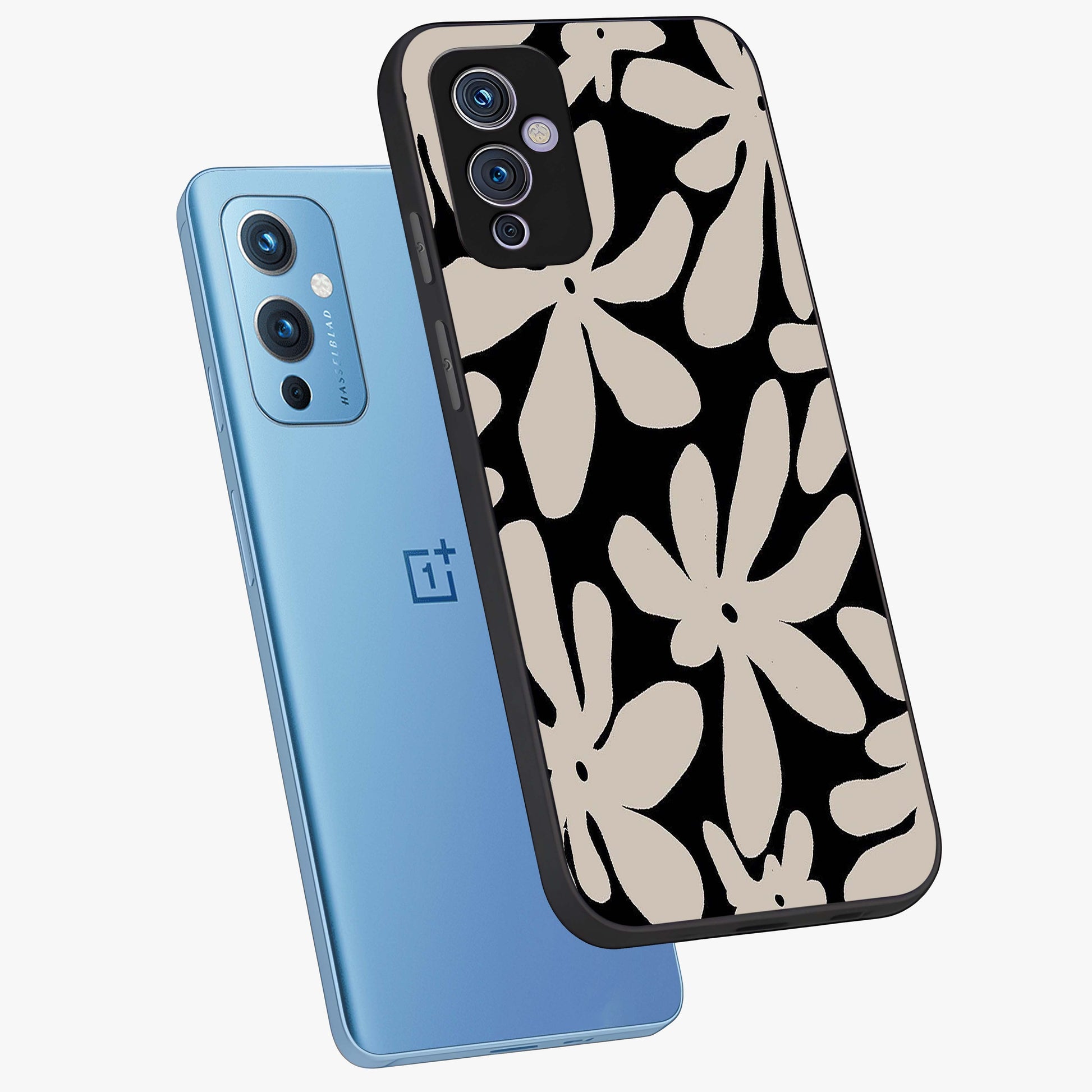 Monochrome Petal Dance Glass Case displayed in angled mockup highlighting elegant petal design with black and white aesthetic.