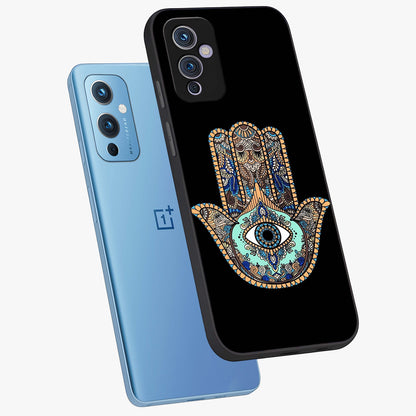 Mystic Hamsa Eye Glass Case displayed in angled mockup highlighting spiritual hamsa symbol with mystical aesthetic style.