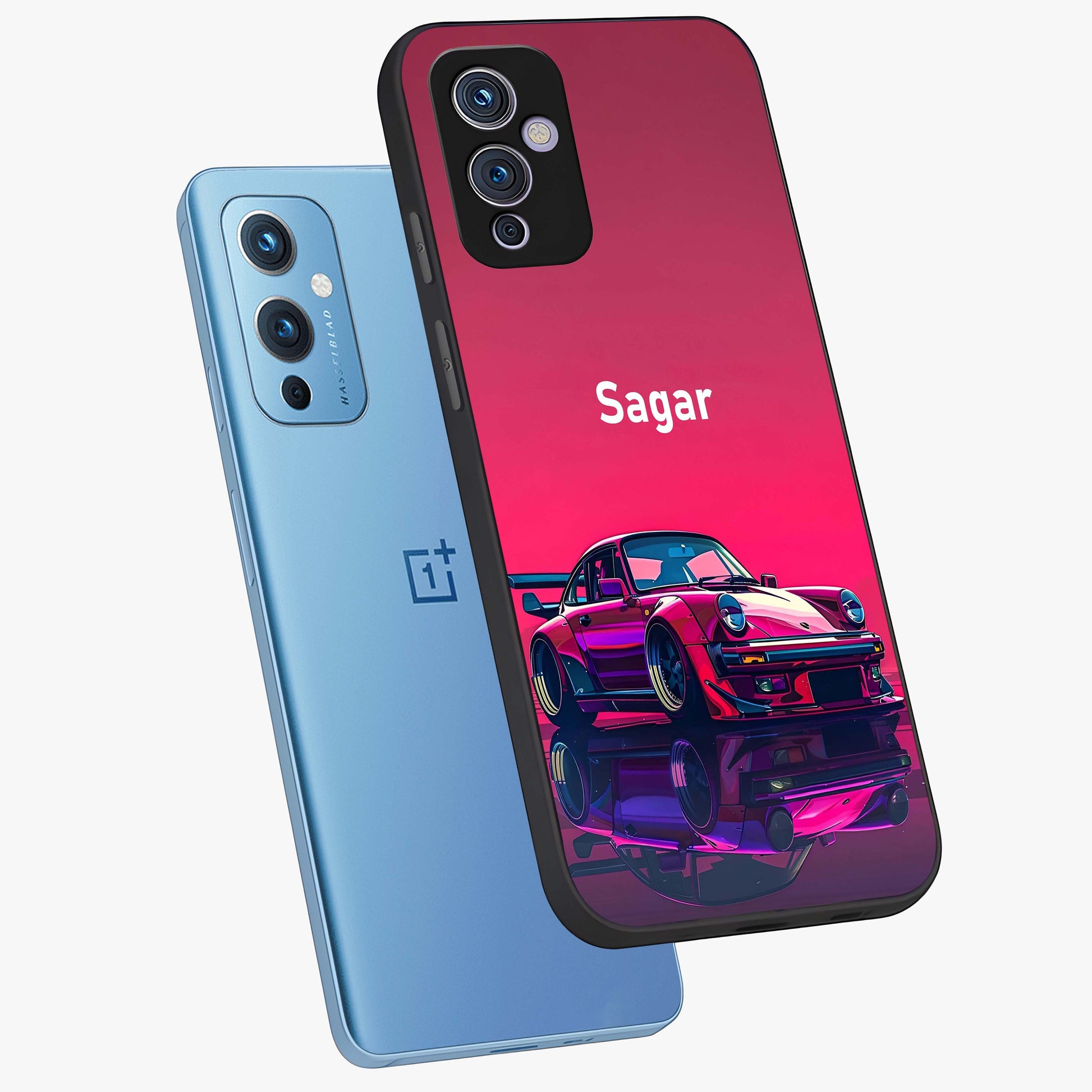 Neon Pink Porsche Glass Case displayed in angled mockup highlighting sleek neon pink car design with racing aesthetic.