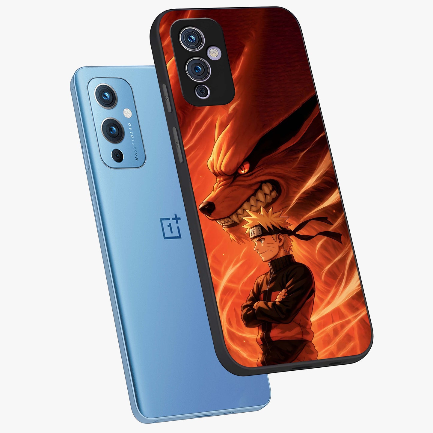 Nine Tails Legacy Glass Case displayed in angled mockup highlighting dynamic anime beast illustration with bold mystical aesthetic.