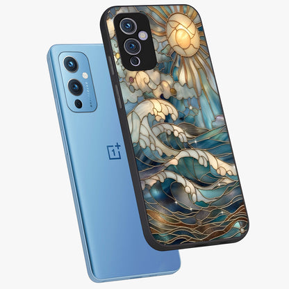 Oceanic Stained Printed Glass Case displayed in angled mockup highlighting colorful aquatic design with artistic aesthetic style.