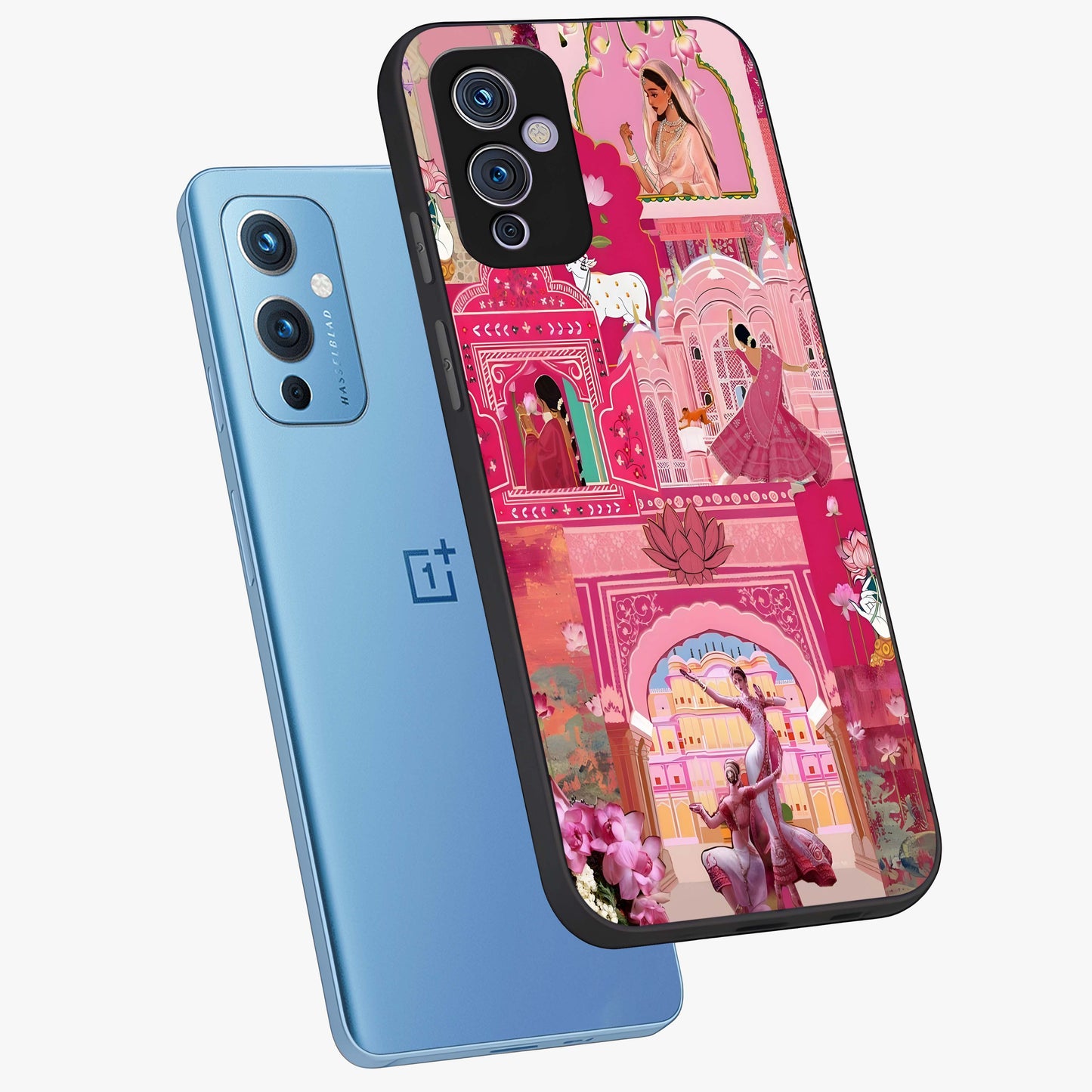 Pink Palace Muse Glass Case displayed in angled mockup highlighting dreamy palace illustration with soft pink aesthetic.