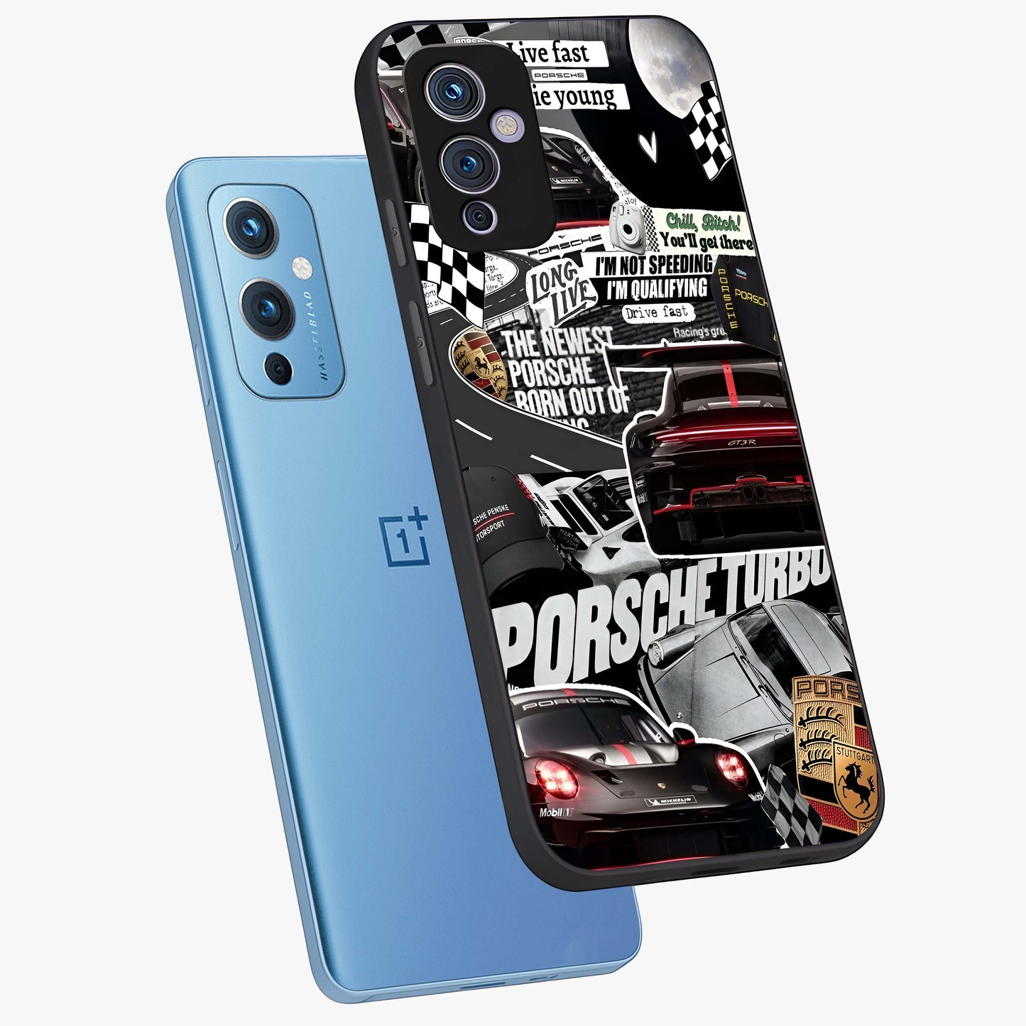Porsche Racing Collage Glass Case displayed in angled mockup highlighting dynamic automotive design with bold racing aesthetic.