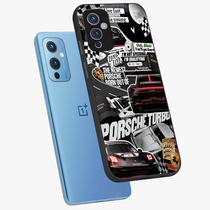 Porsche Racing Collage Glass Case displayed in angled mockup highlighting dynamic automotive design with bold racing aesthetic.