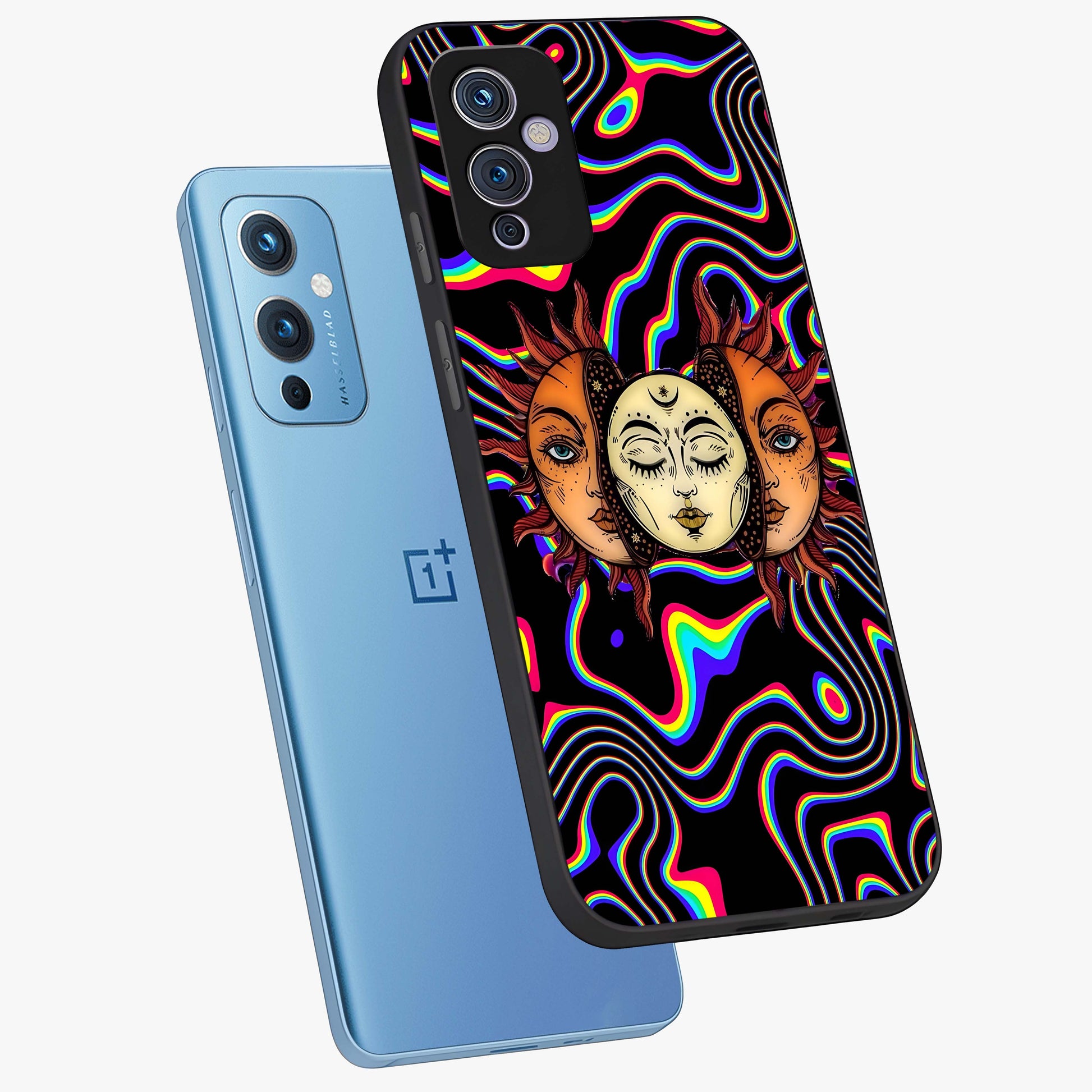 Psychedelic Sun Glass Case displayed in angled mockup highlighting vibrant abstract sun design with artistic aesthetic style.