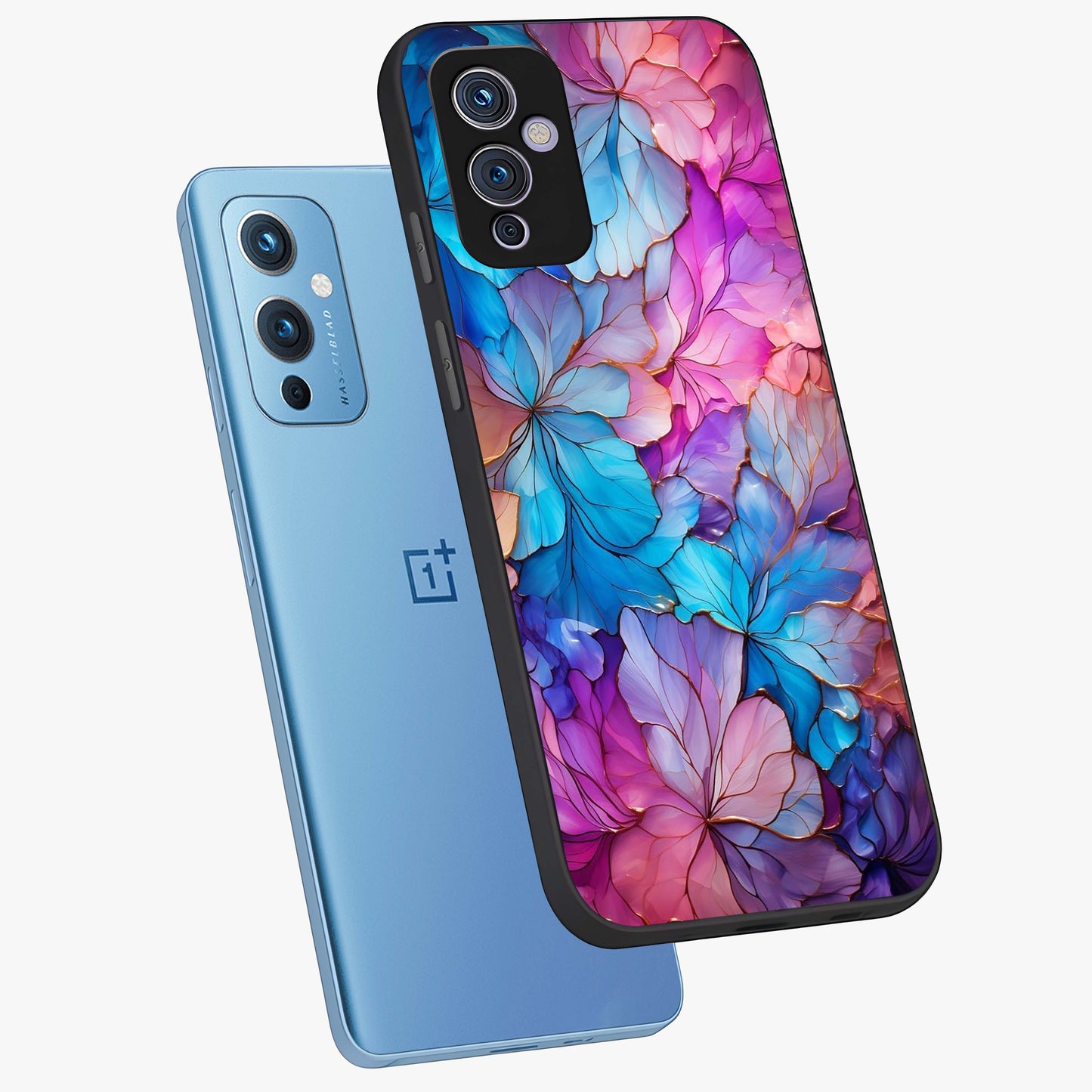 Radiant Floral Whirl Glass Case displayed in angled mockup highlighting vibrant flower pattern with dynamic artistic aesthetic.