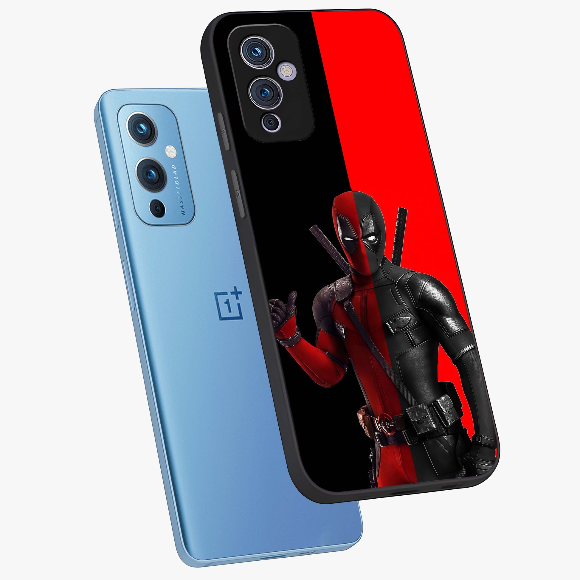 Red & Black Deadpool Theme Glass Case displayed in angled mockup highlighting vibrant superhero style illustration with action aesthetic.